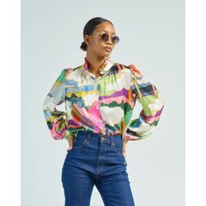 Alix of Bohemia Annabel Aurora Silk Blouse M Multicolor Ruffle Neck Button Front